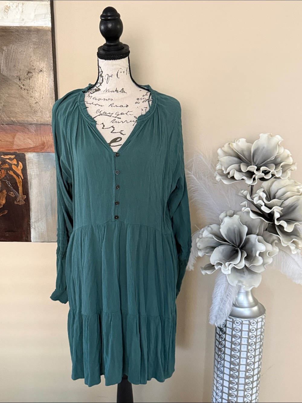 Knox Rose Teal Button-Front Tiered Long-Sleeve Dress